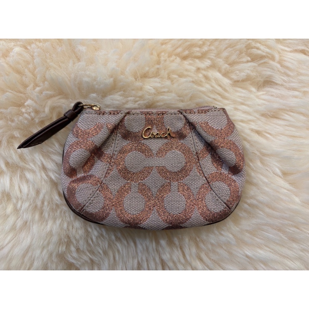 Coach Metallic Signature C Monogram Purse Wristlet Coin Pouch Pink Bronze Gold